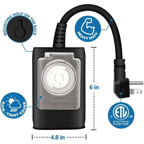Outdoor Light Timer Outlet, 24 Hour Mechanical Timer Switch, Heavy Duty - Picture 5 of 7
